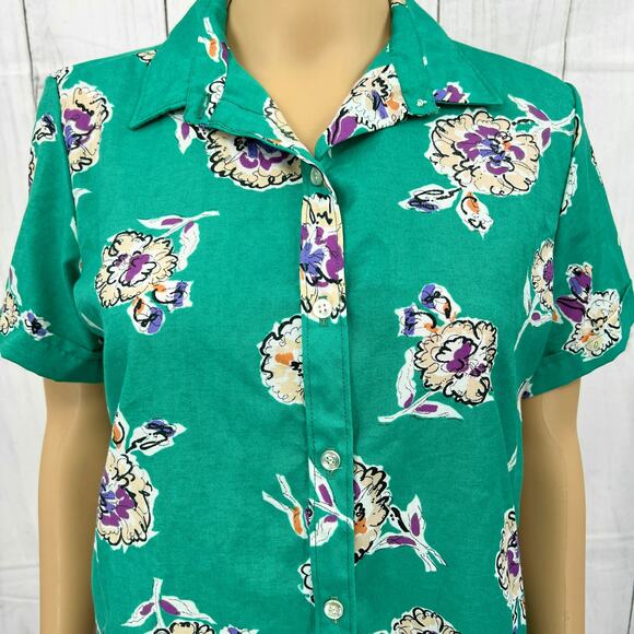Oak Hill SMALL American VINTAGE 80s Womens Green Floral Button Up Blouse Top - Picture 2 of 11